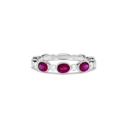 Milgrain Bezel Set Oval Ruby & Diamond Ring in 14K White Gold