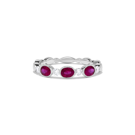Milgrain Bezel Set Oval Ruby & Diamond Ring in 14K White Gold