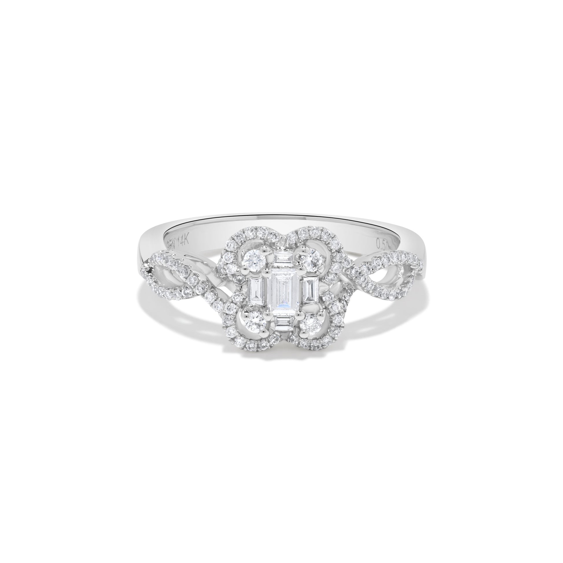 Floral Baguette Diamond Cluster Ring in 14K White Gold