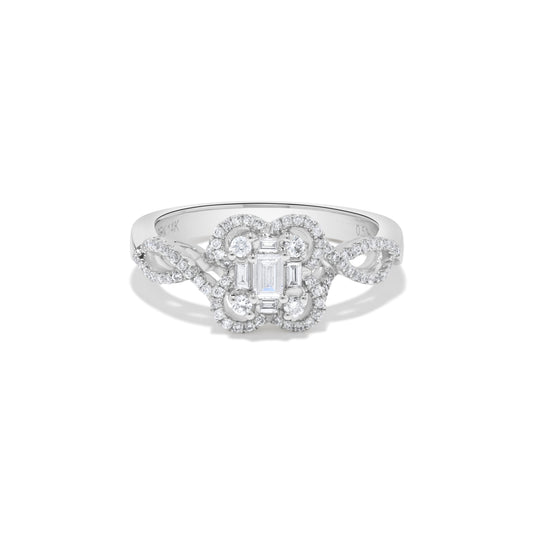 Floral Baguette Diamond Cluster Ring in 14K White Gold