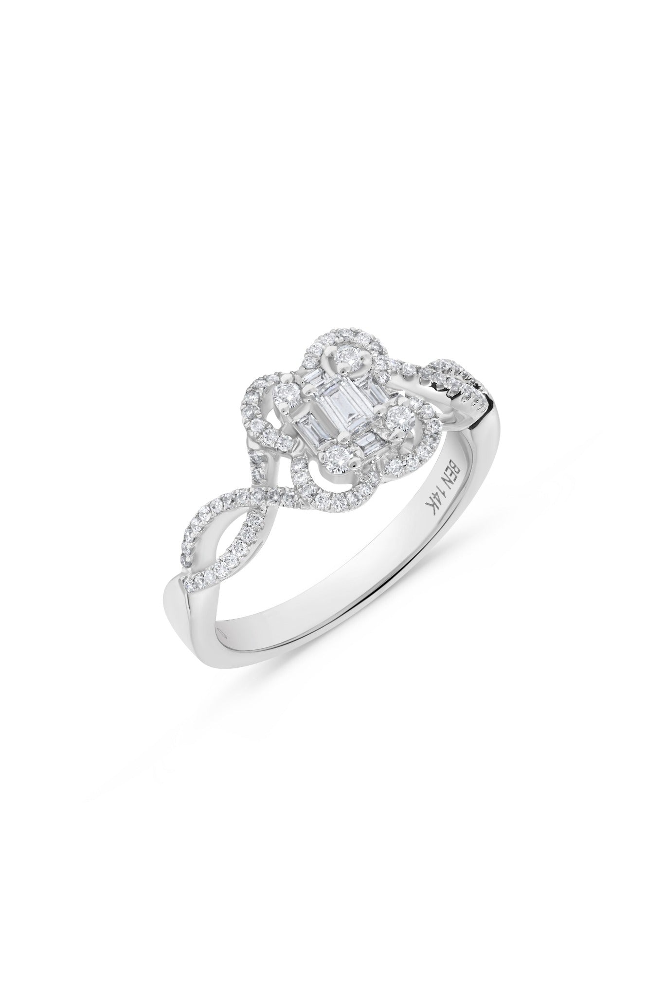 Floral Baguette Diamond Cluster Ring in 14K White Gold
