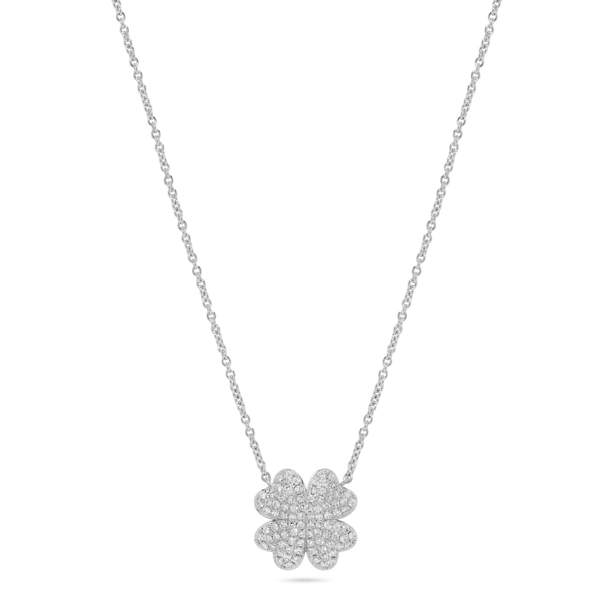 Four Leaf Heart Clover Diamond Pendant Necklace in 14K White Gold