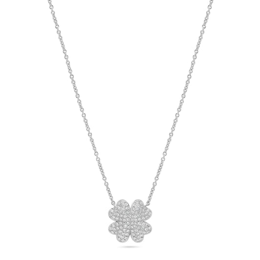 Four Leaf Heart Clover Diamond Pendant Necklace in 14K White Gold