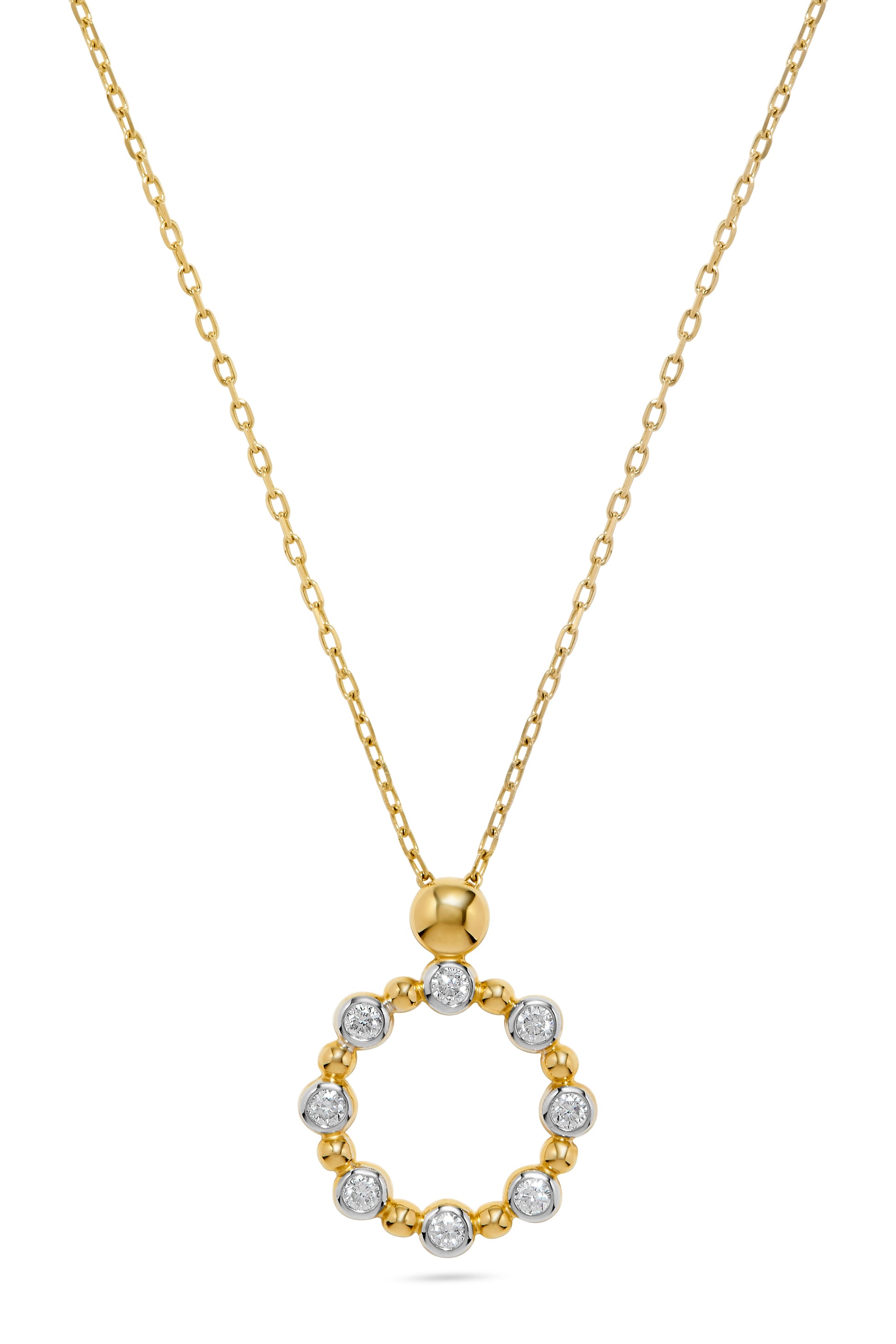 Bezel Set Diamond Beaded Circle Pendant Necklace in 14K Yellow Gold