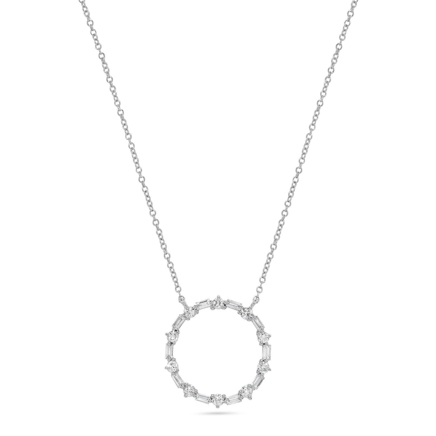 Baguette & Round Diamond Circle Pendant Necklace in 14K White Gold