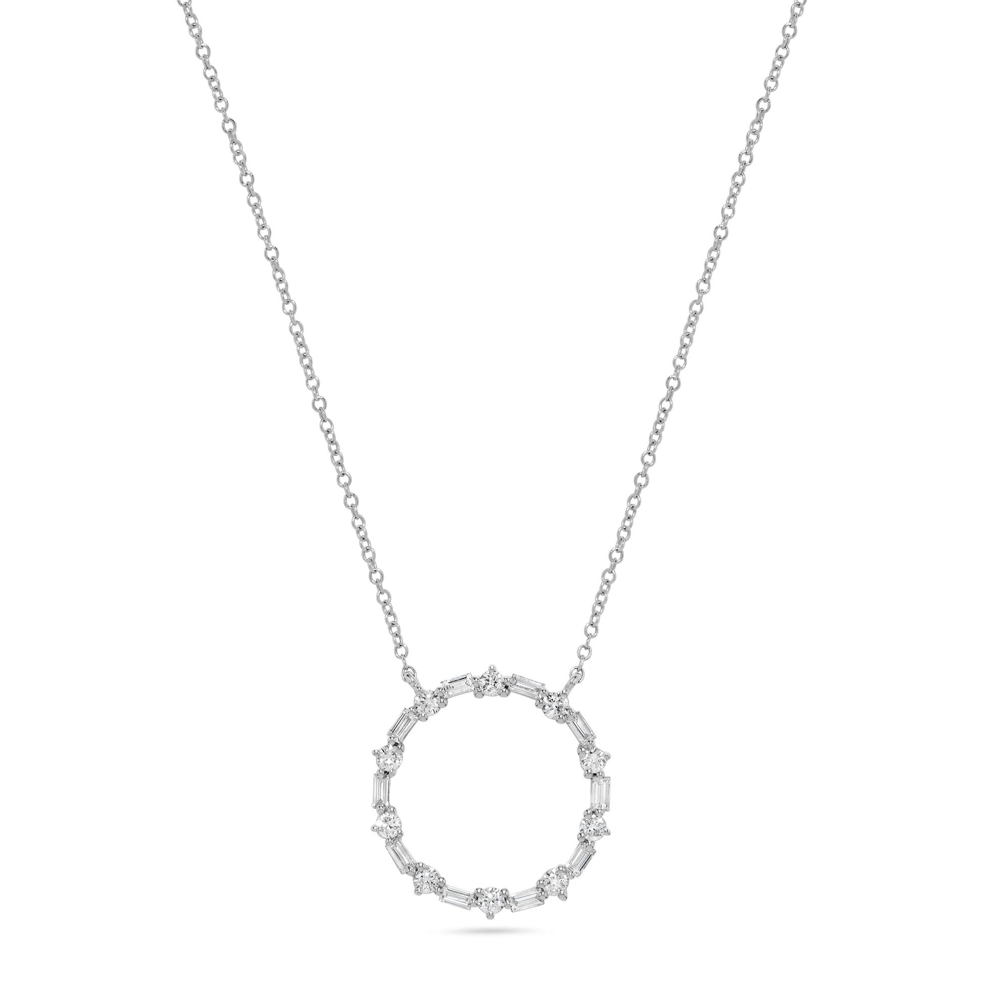 Baguette & Round Diamond Circle Pendant Necklace in 14K White Gold