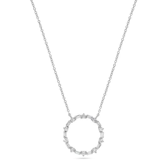 Baguette & Round Diamond Circle Pendant Necklace in 14K White Gold