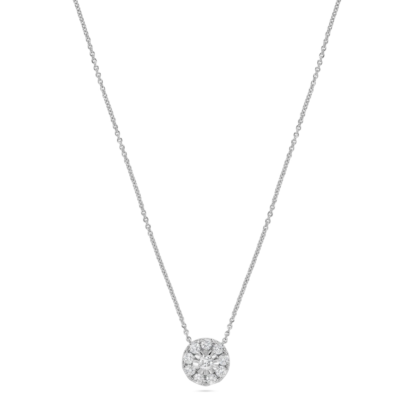 Prong Round Diamond Halo Necklace in 14K White Gold
