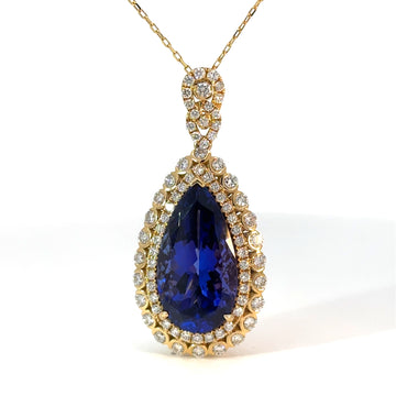10.77ct Tanzanite & Diamond Teardrop Pendant in 18K Yellow Gold — 18" Chain