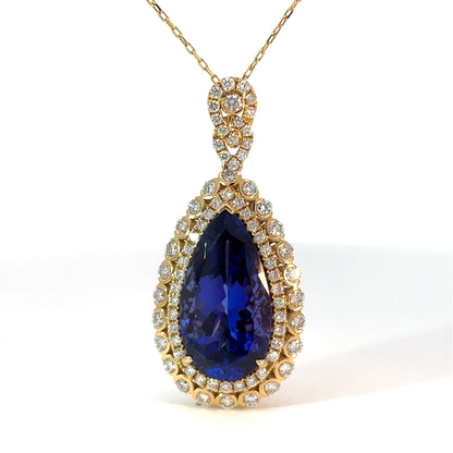 10.77ct Tanzanite & Diamond Teardrop Pendant in 18K Yellow Gold — 18" Chain