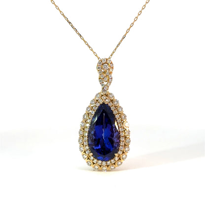 10.77ct Tanzanite & Diamond Teardrop Pendant in 18K Yellow Gold — 18" Chain