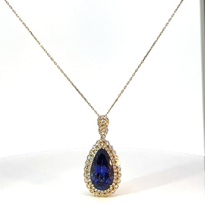 10.77ct Tanzanite & Diamond Teardrop Pendant in 18K Yellow Gold — 18" Chain