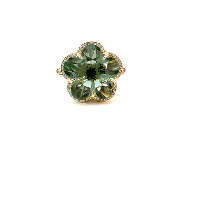Flower Ring, 14K Yellow Gold, Green Amethyst and Diamond Accents, Size 7