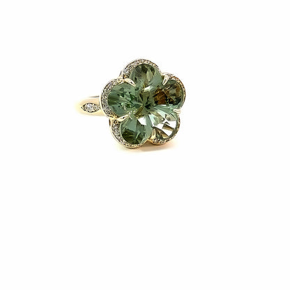 Flower Ring, 14K Yellow Gold, Green Amethyst and Diamond Accents, Size 7