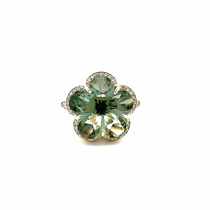 Flower Ring, 14K Yellow Gold, Green Amethyst and Diamond Accents, Size 7