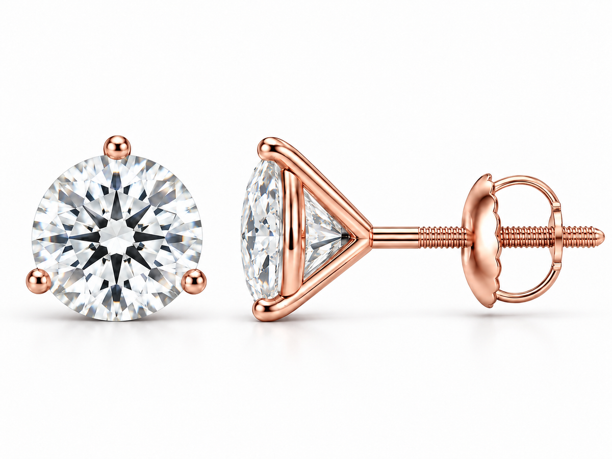 2 carat total round lab-grown diamond stud earrings in 14K rose gold, three-prong martini settings, front and side views