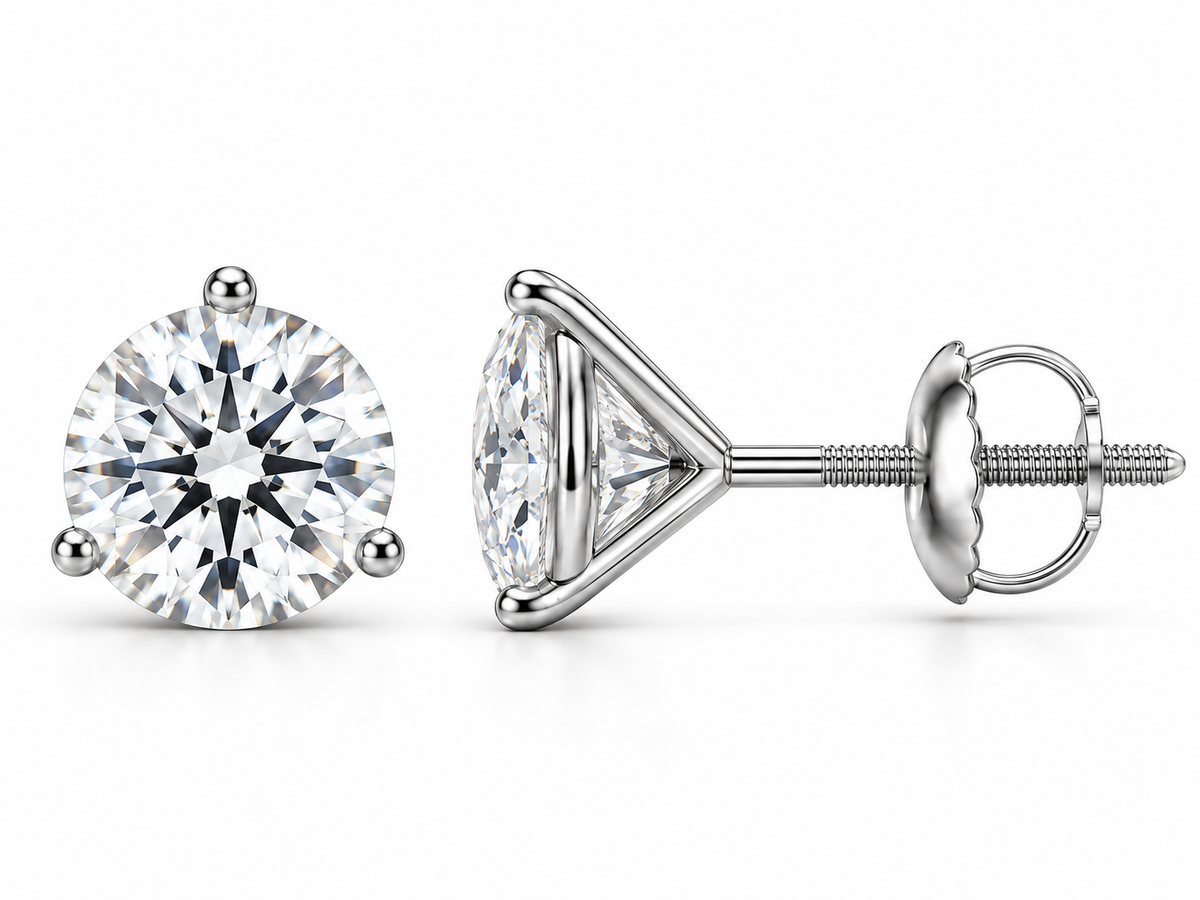 2 carat total round lab-grown diamond stud earrings in 14K white gold, three-prong martini settings, front and side views