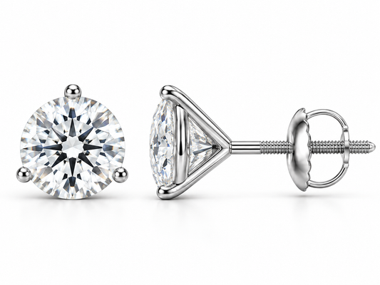 2 carat total round lab-grown diamond stud earrings in 14K white gold, three-prong martini settings, front and side views