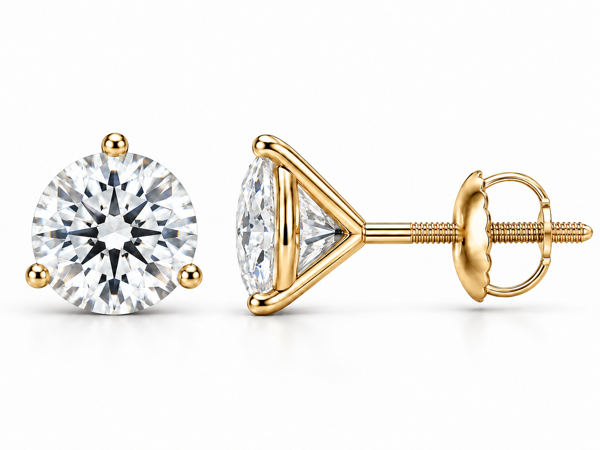2 carat total round lab-grown diamond stud earrings in 14K yellow gold, three-prong martini settings, front and side views