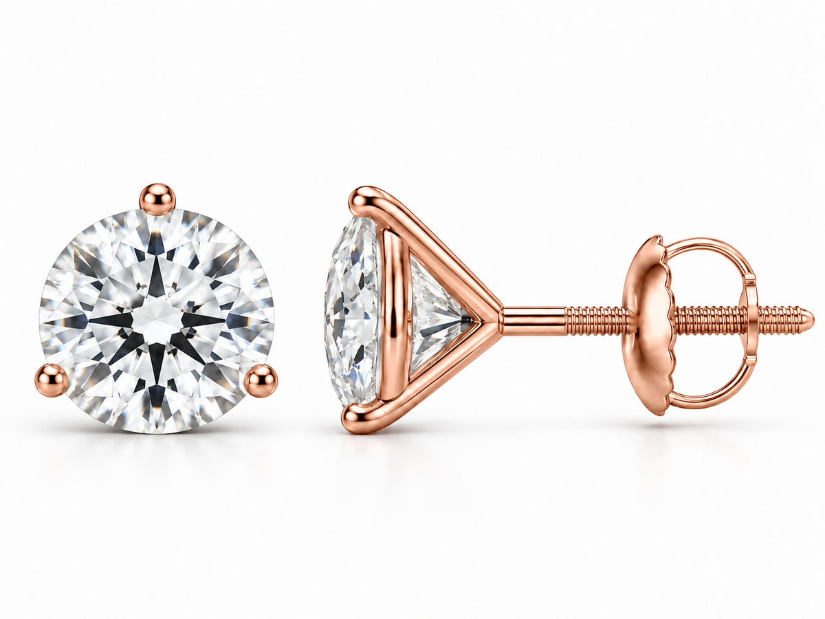 3 carat total round lab-grown diamond stud earrings in 14K rose gold, three-prong martini settings, front and side views