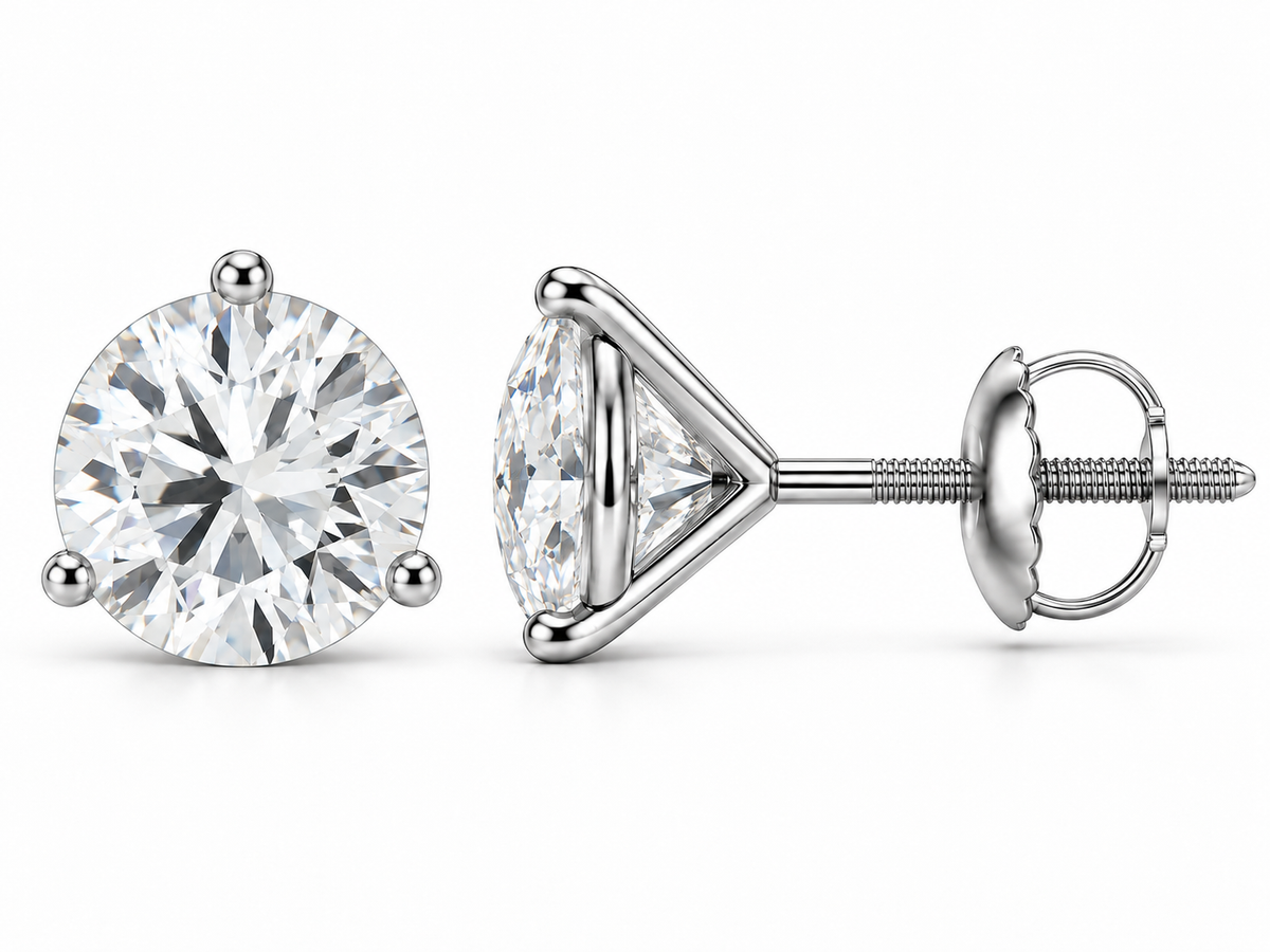 3 carat total round lab-grown diamond stud earrings in 14K white gold, three-prong martini settings, front and side views