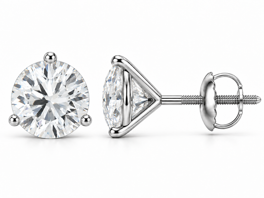 3 carat total round lab-grown diamond stud earrings in 14K white gold, three-prong martini settings, front and side views