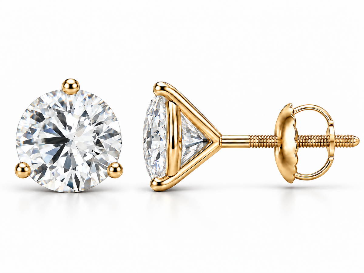 3 carat total round lab-grown diamond stud earrings in 14K yellow gold, three-prong martini settings, front and side views
