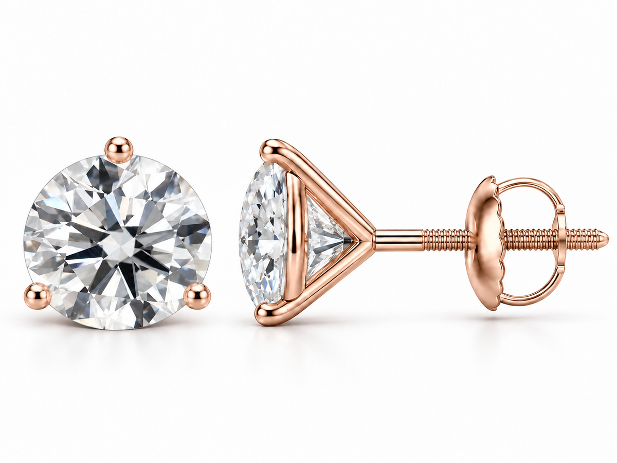 4 carat total round lab-grown diamond stud earrings in 14K rose gold, three-prong martini settings, front and side views