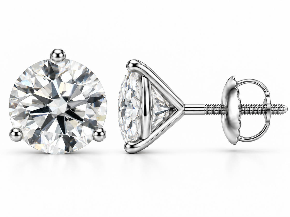 4 carat total round lab-grown diamond stud earrings in 14K white gold, three-prong martini settings, front and side views