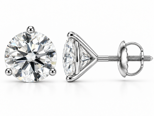 4 carat total round lab-grown diamond stud earrings in 14K white gold, three-prong martini settings, front and side views