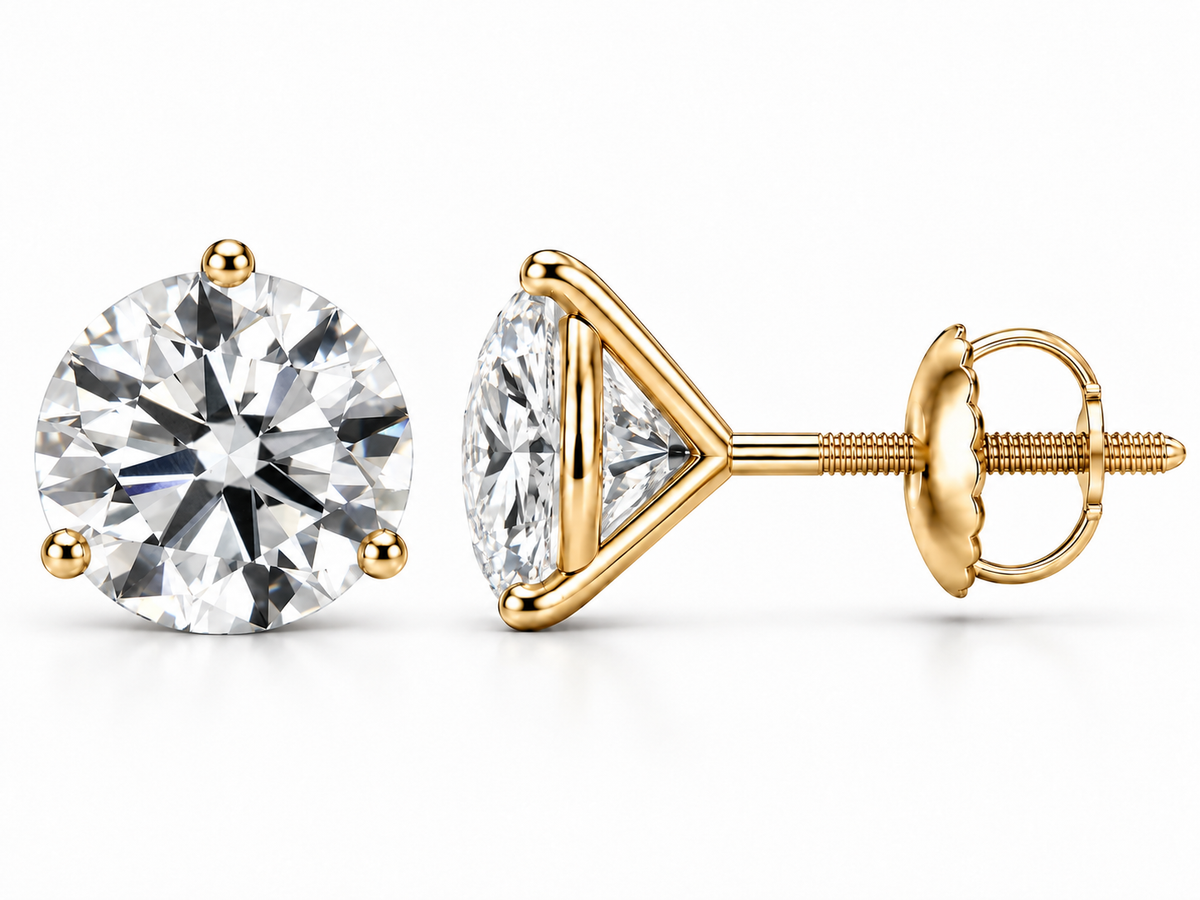 4 carat total round lab-grown diamond stud earrings in 14K yellow gold, three-prong martini settings, front and side views