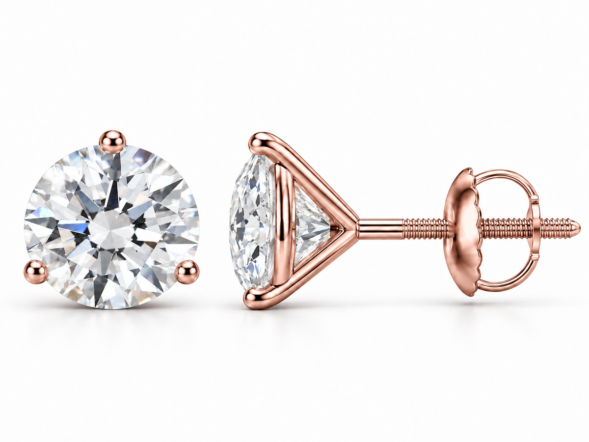 5 carat total round lab-grown diamond stud earrings in 14K rose gold, three-prong martini settings, front and side views