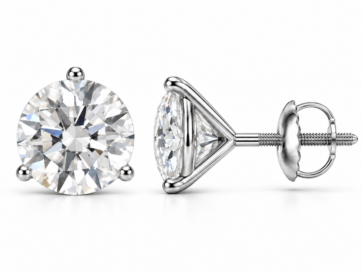 5 carat total round lab-grown diamond stud earrings in 14K white gold, three-prong martini settings, front and side views