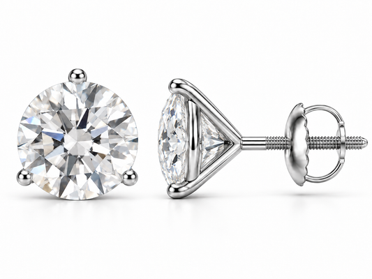 5 carat total round lab-grown diamond stud earrings in 14K white gold, three-prong martini settings, front and side views