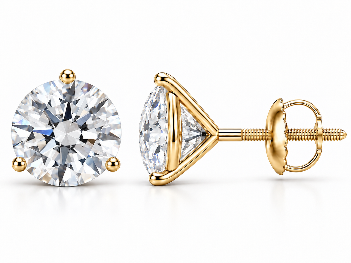 5 carat total round lab-grown diamond stud earrings in 14K yellow gold, three-prong martini settings, front and side views
