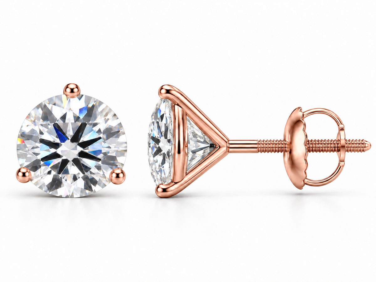 6 carat total round lab-grown diamond stud earrings in 14K rose gold, three-prong martini settings, front and side views