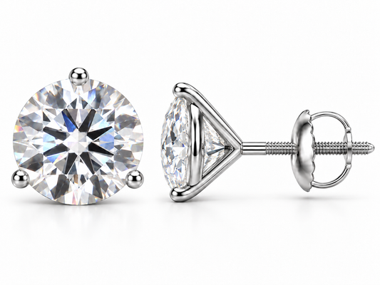6 carat total round lab-grown diamond stud earrings in 14K white gold, three-prong martini settings, front and side views