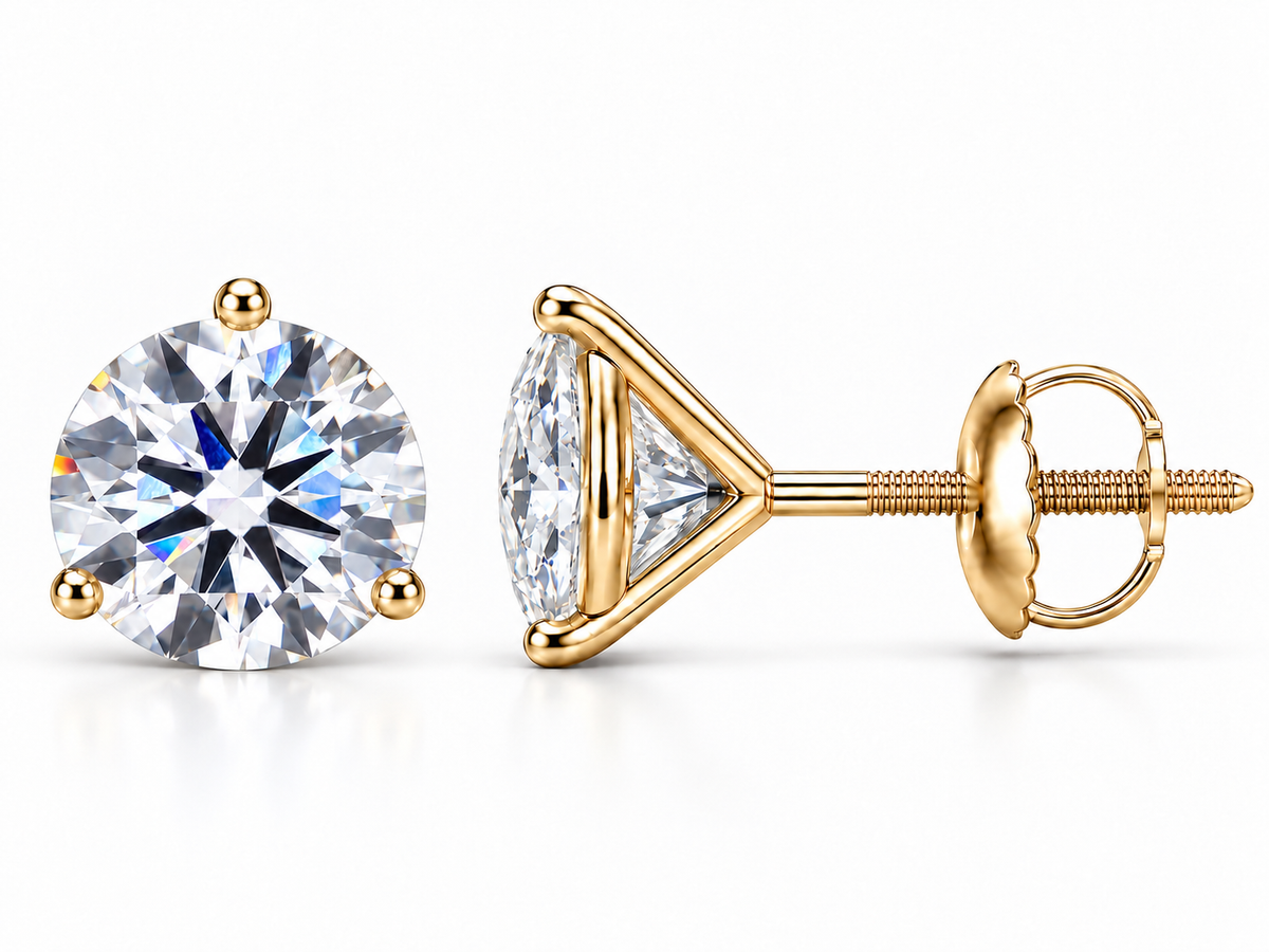 6 carat total round lab-grown diamond stud earrings in 14K yellow gold, three-prong martini settings, front and side views