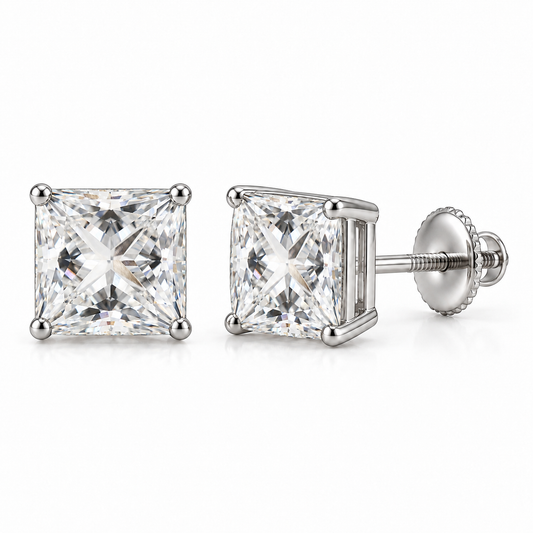 Princess-cut lab-grown diamond stud earrings, 2 carat total weight, 14K white gold; generated product visualization
