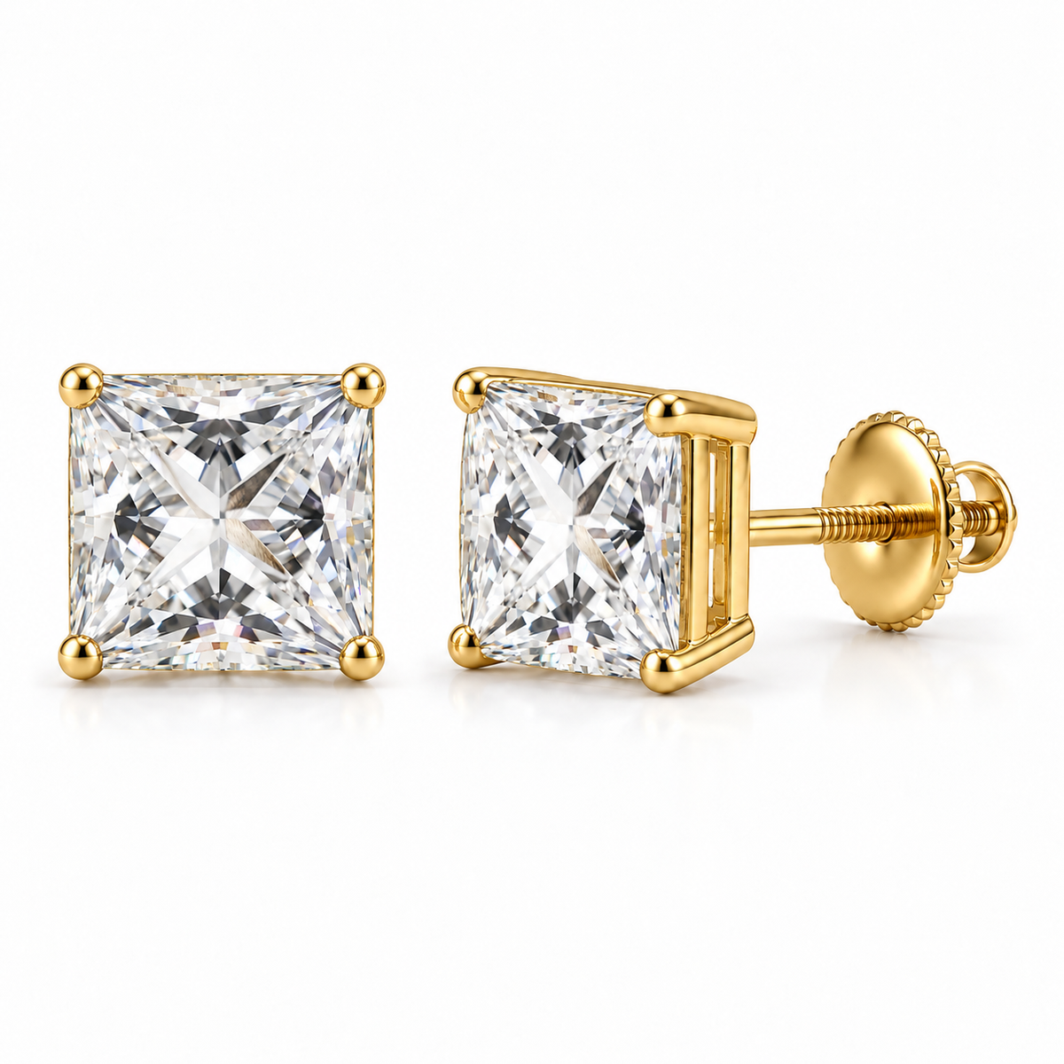 Princess-cut lab-grown diamond stud earrings, 2 carat total weight, 14K yellow gold; generated product visualization