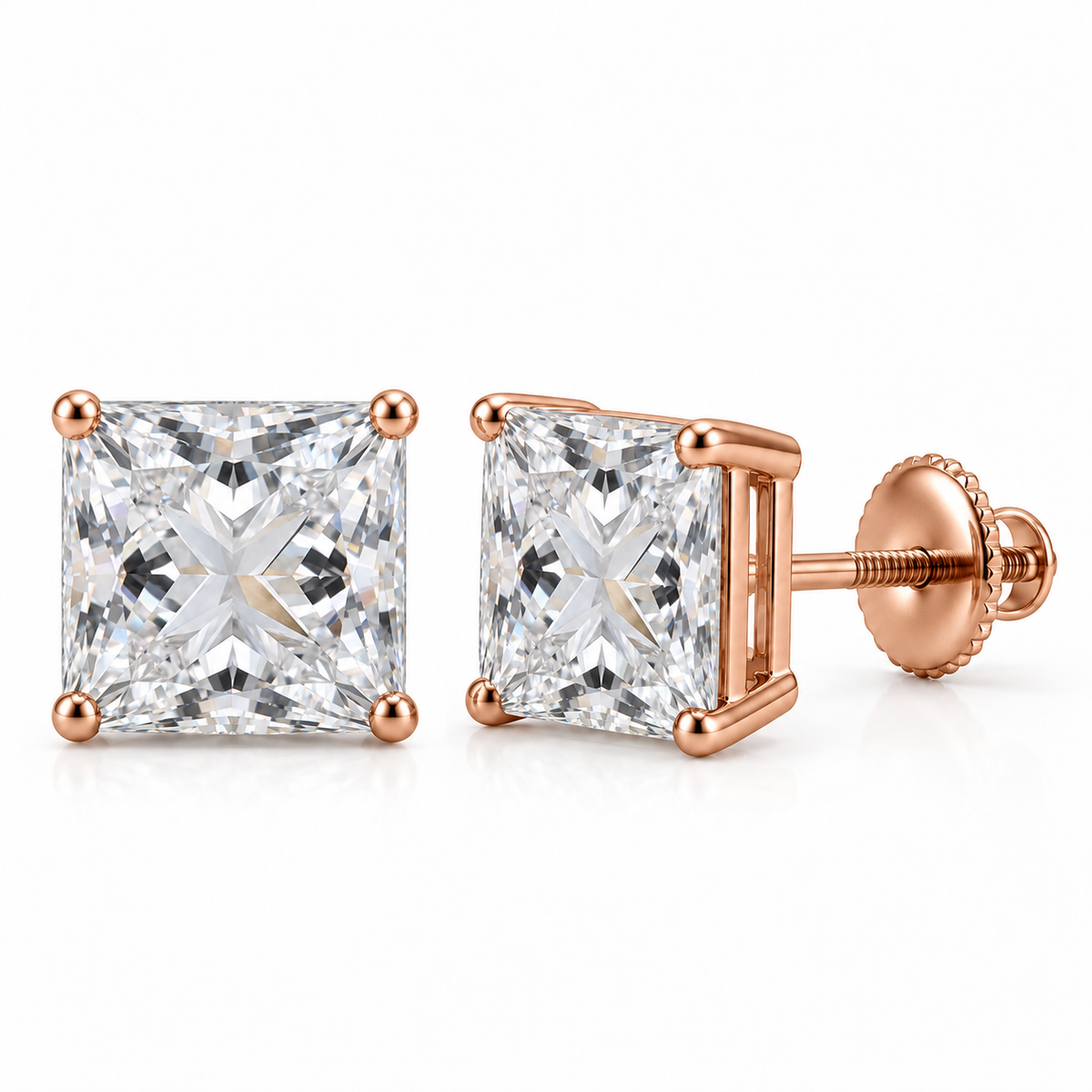 Princess-cut lab-grown diamond stud earrings, 3 carat total weight, 14K rose gold; generated product visualization