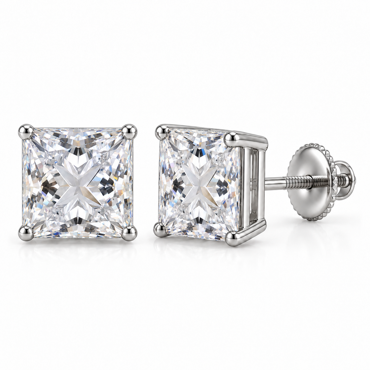 Princess-cut lab-grown diamond stud earrings, 3 carat total weight, 14K white gold; generated product visualization