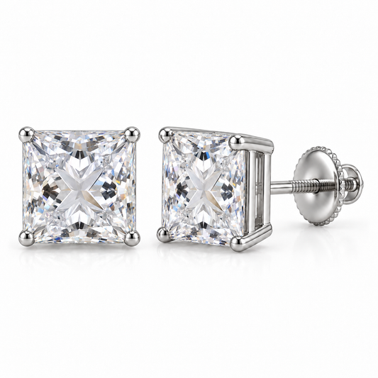 Princess-cut lab-grown diamond stud earrings, 3 carat total weight, 14K white gold; generated product visualization