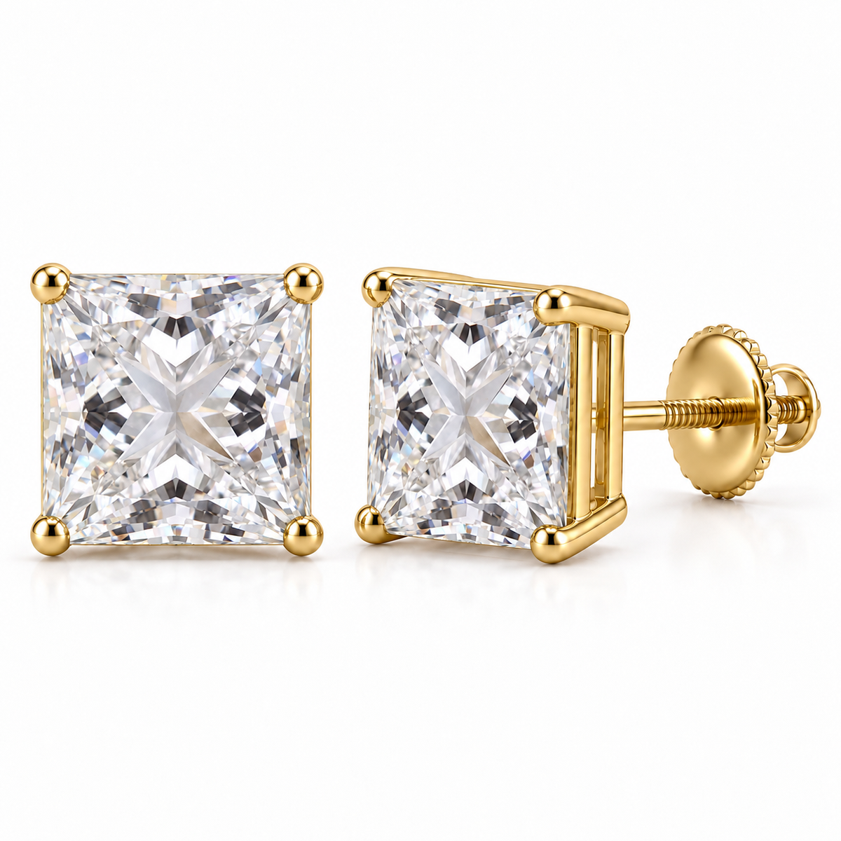 Princess-cut lab-grown diamond stud earrings, 3 carat total weight, 14K yellow gold; generated product visualization