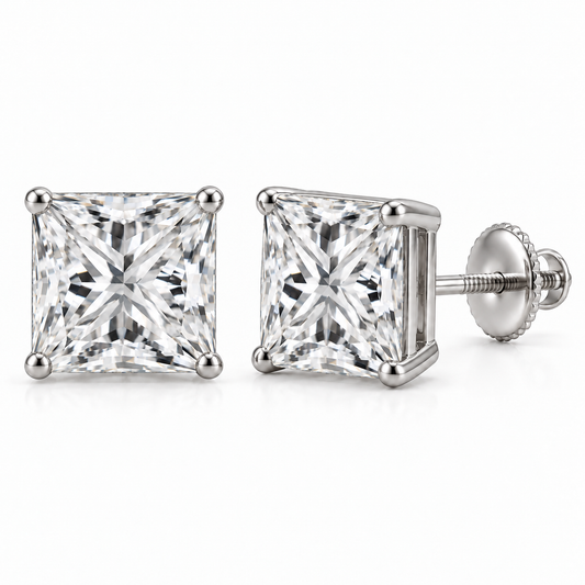 Princess-cut lab-grown diamond stud earrings, 4 carat total weight, 14K white gold; generated product visualization