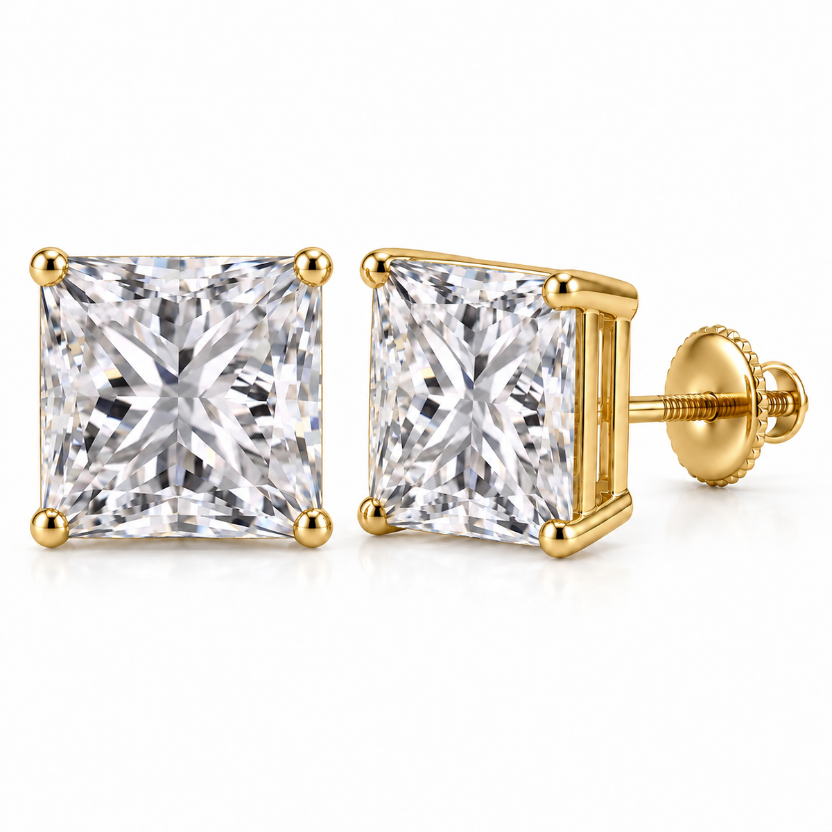 Princess-cut lab-grown diamond stud earrings, 4 carat total weight, 14K yellow gold; generated product visualization