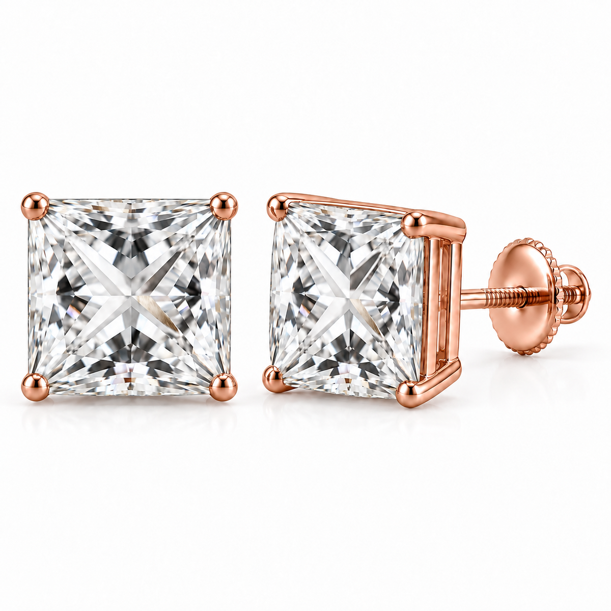 Princess-cut lab-grown diamond stud earrings, 5 carat total weight, 14K rose gold; generated product visualization