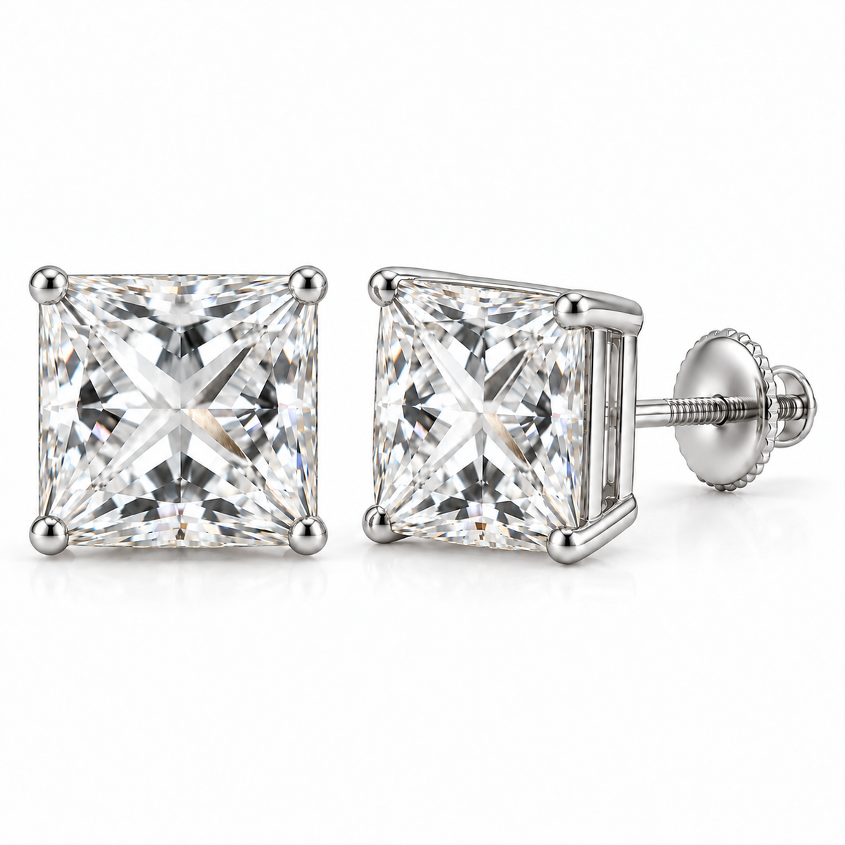 Princess-cut lab-grown diamond stud earrings, 5 carat total weight, 14K white gold; generated product visualization