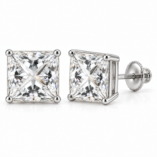 Princess-cut lab-grown diamond stud earrings, 5 carat total weight, 14K white gold; generated product visualization