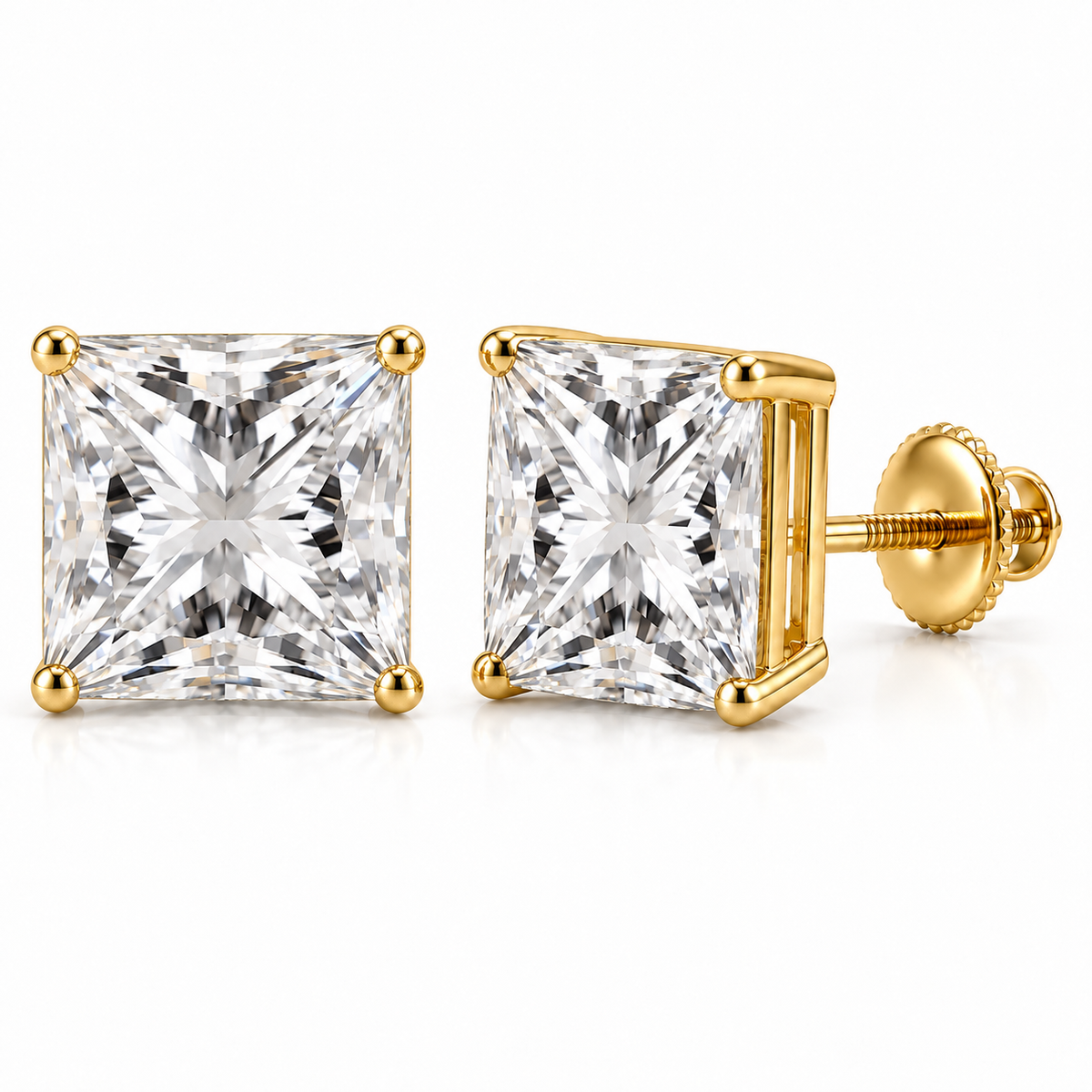 Princess-cut lab-grown diamond stud earrings, 5 carat total weight, 14K yellow gold; generated product visualization